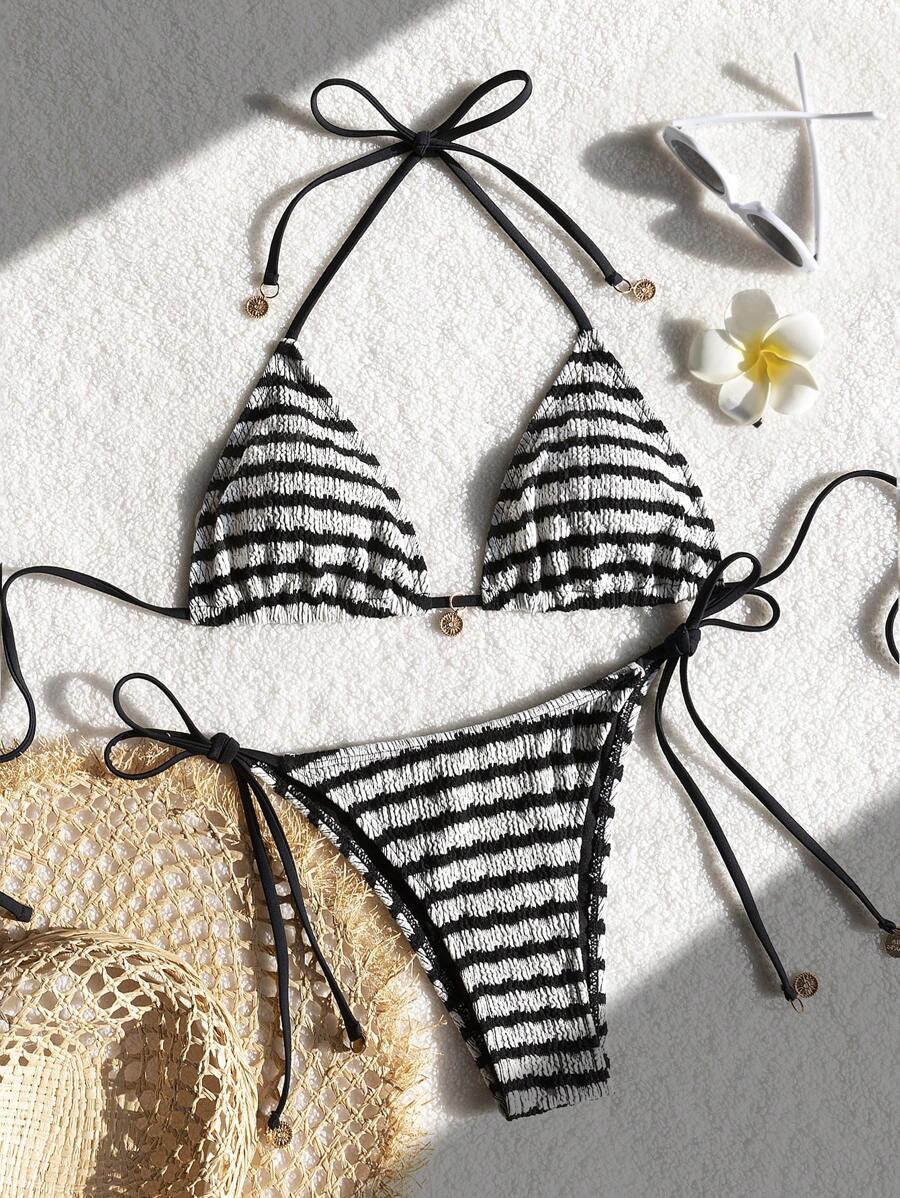Ladies' Striped And Water Ripple Split Swimsuit Sexy Bikini SexHy Bikini Swimsuit Color Blocking Fashion High-End Hot Spring Party Bikini Careful Machine,European & American Style Sexy Halter Women Bikini Set Swimwear, For Summer Beach Vacation Hot Selling Swimsuits - Black and White - View 1