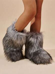 Women's Furry Faux Fur Boots Fuzzy Fluffy Mid Calf Snow Boots Suede Warm Fur Lined Booties Flat Fashion Boots