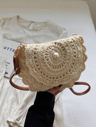 1 件纯色单肩包，时尚斜挎包，钩编设计，适合女性海滩、度假和日常穿着