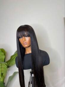 Peluca con flequillo de cabello humano con raya al medio, 1B 13x4 Encaje Frontal, para uso diario de las mujeres, color negro natural, peluca con flequillo aireado de encaje frontal de cabello humano, densidad del 180%, 16-34 pulgadas, estilo de cabello liso negro gótico de Halloween - SNatural - Ver 5