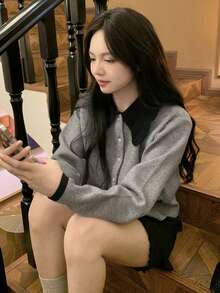 Áo khoác cardigan nữ tay dài cài nút túi giả màu tương phản, thường ngày, mùa xuân/thu - Xám - Xem 2