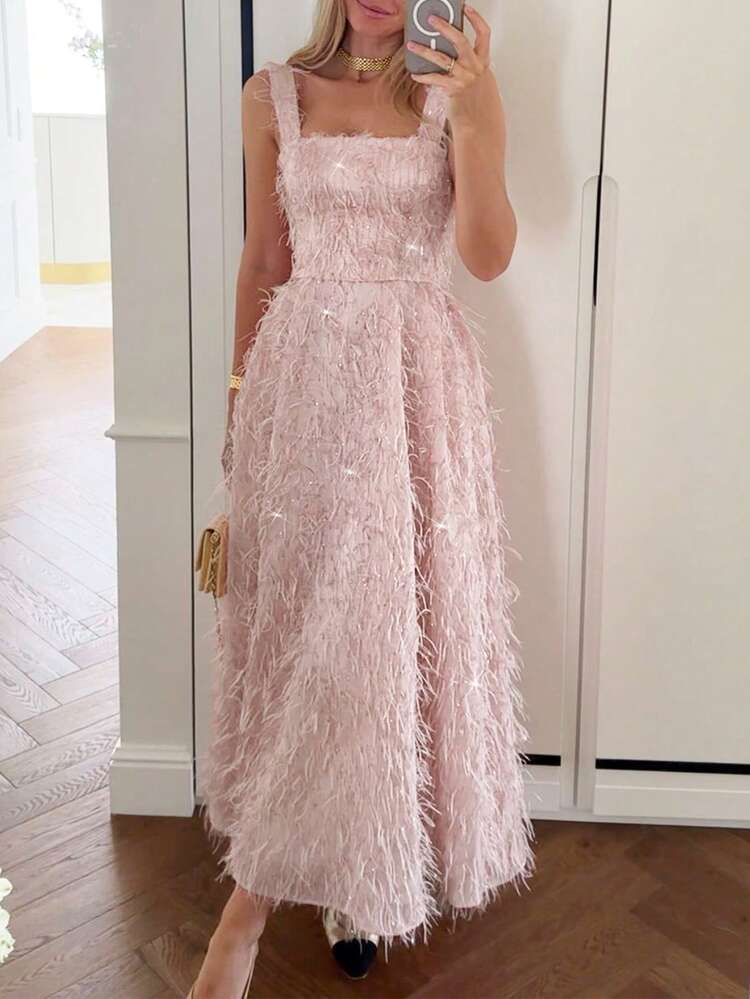 فستان أنيق وردي فاتح بزخارف ريشية ثلاثية الأبعاد في خط الخصر موديل A-line للنساء - وردي فاتح - مشاهدة 1
