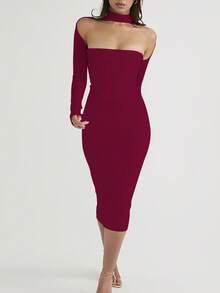 双层长袖网纱修身长款连衣裙，女士派对礼服，婚礼宾客礼服，鸡尾酒会礼服，春季优雅款 - 酒紅色 - 查看 4