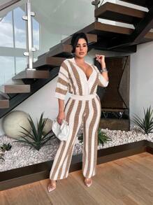 Fooullaide Women's Crochet Sets Two Piece Outfit Knit Hollow Out Color Block Button Down Shirts Matching Long Pants Beach Set - Màu be - Xem 6