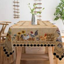 1pc Vintage Farm Theme Tablecloth With Rooster, Chicks, Sunflower Pattern In Rectangular Farmhouse Style, Suitable For Daily Use In Kitchen, Dining Room, Patio, Picnic, Garden, Indoor And Outdoor - Khaki - View 4