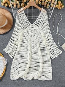 Plus Size Solid Color Cardigan Layered Jacket, Paired With Mid-Length Turtleneck Knit Dress [Back To School Season] - White - View 2