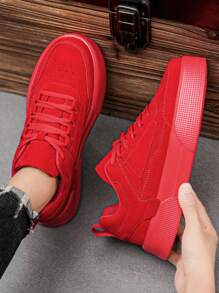 男士街头休闲低帮 PU 皮革拼接复古运动鞋，适合日常穿着的舒适轻便运动鞋，青少年纯色系带滑板鞋，防滑平底情侣运动鞋 - 紅色 - 查看 5