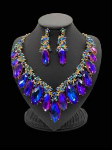 1套女士陳述裝飾項鍊及耳環套裝,多巴胺色短粗頸鏈水晶雞尾酒婚禮項鍊 - 藍色 - 查看 8
