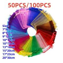 50/100个欧根纱礼品袋，多色混合糖果袋，餐具，万圣节圣诞节礼品袋，家居装饰，沙特国庆节礼品包装，沙特阿拉伯派对用品，适用于各种节日，派对，生日，婚礼，礼品，户外野餐，情人节，婚礼回礼糖果袋，珠宝包装欧根纱袋，旅行收纳袋，圣诞节情人节 - 彩色 - 查看 3