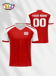 Maillot de soccer col V pour enfants, hauts respirants et séchant rapidement pour le printemps/été, personnalisable avec un nom et un numéro, unisexe pour jeunes, vêtements de sport confortables pour la course en extérieur, rouge et blanc