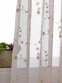 1 件透明花卉刺绣薄纱窗帘，美式乡村风格涤纶，适合客厅卧室居家使用