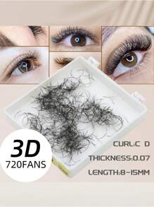 720Fans In One Box 3D Premade Fan Lashes 100% Handmade Pointybase Root 0.07mm Thickness In C D Curl ,8-15mm Length Available For Professional Eyelash Extensions