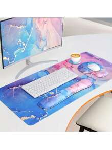 Un set de 4 piezas de alfombrilla de escritorio ergonómica extra grande de mármol: Alfombrilla de ratón extendida para juegos, soporte para muñeca de teclado, posavasos - Base antideslizante, borde cosido - Fácil de escribir, alivio del dolor - (35.4*15.7 pulgadas) - Para oficina, hogar, computadora, portátil