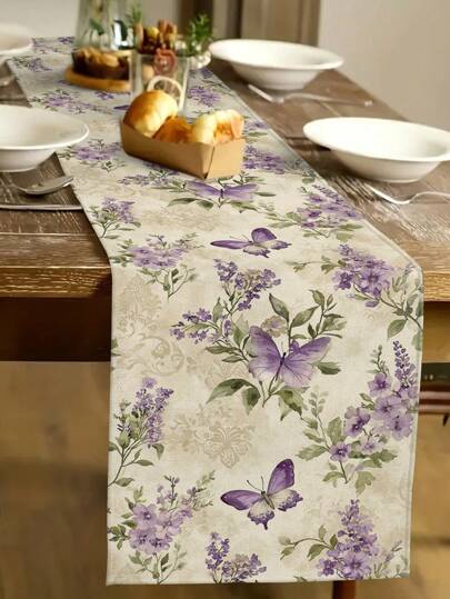 1 件复古紫色蝴蝶设计桌旗、家居装饰、室内/室外派对、厨房和日常装饰