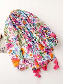 1 件女士时尚花卉图案优雅流苏针织围巾/披肩，适合海滩、旅行、派对