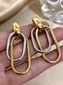 1Pair Double Circle Square Earrings Golden Dangle Earrings For Women Stainless Steel Earrings For Daily Party Birthday Christmas Jewelry Gifts