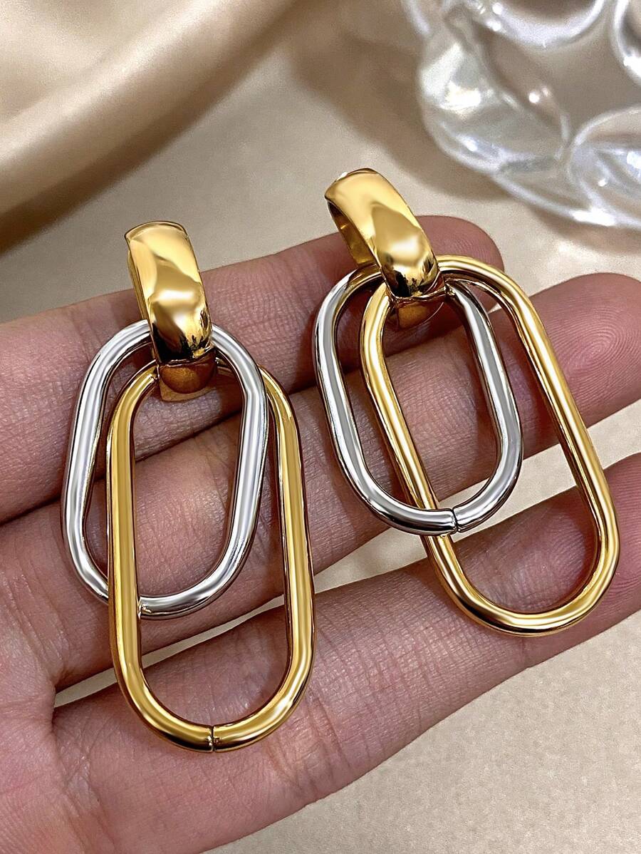 1Pair Double Circle Square Earrings Golden Dangle Earrings For Women Stainless Steel Earrings For Daily Party Birthday Christmas Jewelry Gifts
