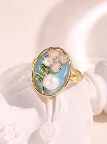 1 件复古珍珠花滴油开口戒指精致优雅珐琅郁金香向日葵郁金香彩色绘画设计女士饰品 - 多色 - 查看 17