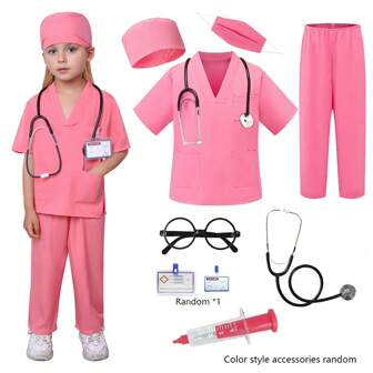 6pcs/Set Kids Doctor Costume Set, Toddler Medical Dress Up Outfit, Doctor Costume, Profession Role Play For Boys And Girls (Random Accessory Style)