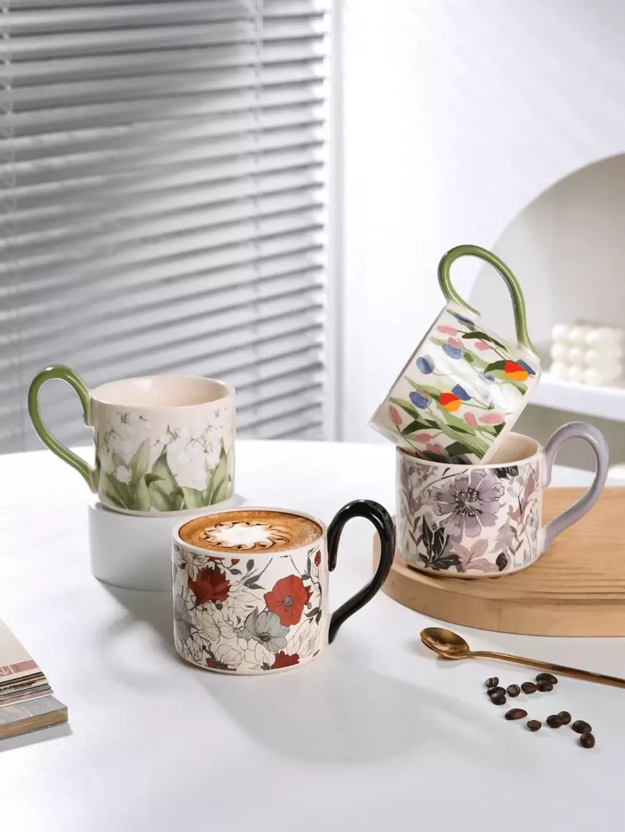 1 件优雅陶瓷杯，优质花艺水杯，办公室咖啡杯，牛奶杯，燕麦杯，复古绘画风格，创意早餐杯，下午茶杯，高端咖啡厅杯子 - 彩色 - 查看 1