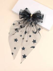1pc Large Black Mesh Hair Bows For Women Girls Solid Color Star Moon Pattern Alligator Clips Sparkling Star Moon Printed Bow Hair Clips Elegant Long Tail Bow Hair Clips Wedding Party Holiday Gifts Bow Barrettes Women Hair Accessories