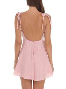 Women Sleeveless Satin Dress Summer Casual Lace Trim Tie Up Straps Backless A-Line Mini Party Dress For Streetwear - 粉色 - 查看 2