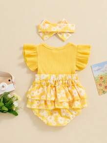 Newborn Girl Outfit, Fly Sleeve Flower Print Bow Patchwork Romper With Hairband Summer Clothes - 黃色 - 查看 3