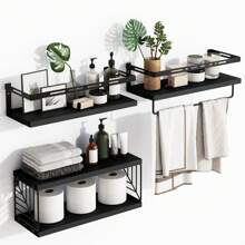 Tomnk 3+1 Tier Wall Mounted Bathroom Shelves Over Toilet, Bathroom Organizer Storage, Room Decor, Floating Shelves, Rustic Wood Floating Shelves With Metal Frame And Towel Bar For Bathroom, Kitchen, Bedroom, Living Room - 彩色 - 查看 1