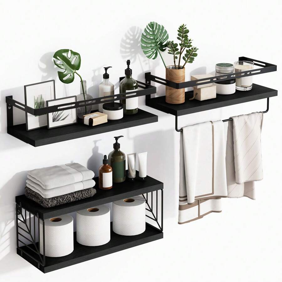 Tomnk 3+1 Tier Wall Mounted Bathroom Shelves Over Toilet, Bathroom Organizer Storage, Room Decor, Floating Shelves, Rustic Wood Floating Shelves With Metal Frame And Towel Bar For Bathroom, Kitchen, Bedroom, Living Room - 彩色 - 查看 1