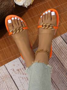 Sandálias femininas, slides da moda, sandálias de tira transparente, decoração de corrente dourada, bico redondo, sandálias casuais antiderrapantes, adequadas para praia, férias, rua e uso casual diário