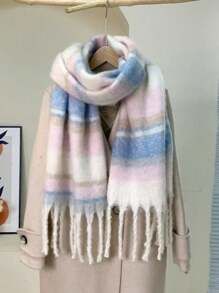 1pc Striped Patchwork Thick Wrinkle Effect Tassel Decor Warm Infinity Scarf/Wrap Shawl - Macaron Powder Blue Stripes (extended and Thickened Version) - View 2