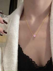 BALMORA 1pc 925 Sterling Silver Vintage Elegant Cute Sweet Mini Pink Heart Zirconia Pendant Necklace, Suitable For Women, Girlfriend, Birthday, Valentine's Day Jewelry Gift - Gold - View 5