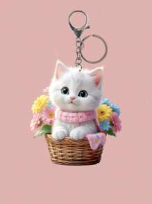 1 pieza Llavero de acrílico decorativo con diseño de gato y flor en estilo casual y adorable, accesorio encantador para mochila, colgar en el auto, accesorios de auto para todas las temporadas, bolso, regalo