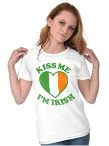 St Patrick's Day Womens Fitted Graphic Tee Shirt Vintage Saint Paddy's Day Green Kiss Me I'm Irish Ireland Flag Heart Ladies Casual Slim Fit Fashion Cotton Printed Short Sleeve Crewneck Tshirt Brisco Brands - White - View 1