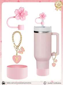 3pcs Accessories Designed For 30-40oz Cups, Pink Letter Cup Marker & Silicone Hibiscus Flower Straw Caps, , Reusable Straw Caps For 10mm Large Diameter Straws, Cute LetterStanley AccessorySelf-Adhesive Chenille Letter,Cup Accessories.Compatible With Stanley Backto School /Beach Essentials
