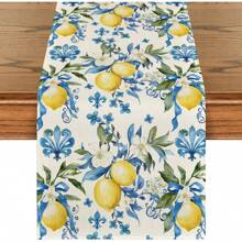 1PC Blue Lemon Iris Summer Table Runner, Seasonal Spring Kitchen Dining Table Decor For Home Party Decor - Blue and Yellow - View 1