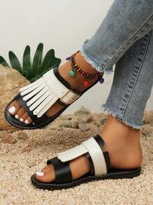 Giày Sandal Đế Bằng Có Trang Trí Tua Rua Cho Nữ, Giày Đi Biển Thường Ngày, Nhiều Màu Sắc - Đen và trắng - Xem 4