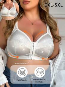 大码女式前扣水钻装饰柔软舒适胸罩 - 白色 - 查看 5