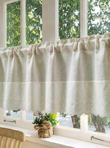 1pc Boho Style Linen Short Curtain Chic Embroidery Lace Semi Shading Cafe Curtain Valance For Kitchen Bathroom Window Rod Pocket Top - Beige - View 1