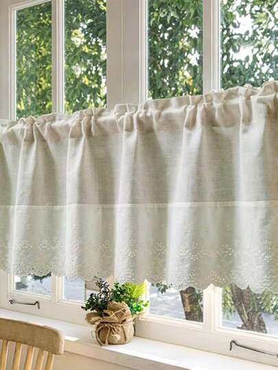 1pc Boho Style Linen Short Curtain Chic Embroidery Lace Semi Shading Cafe Curtain Valance For Kitchen Bathroom Window Rod Pocket Top