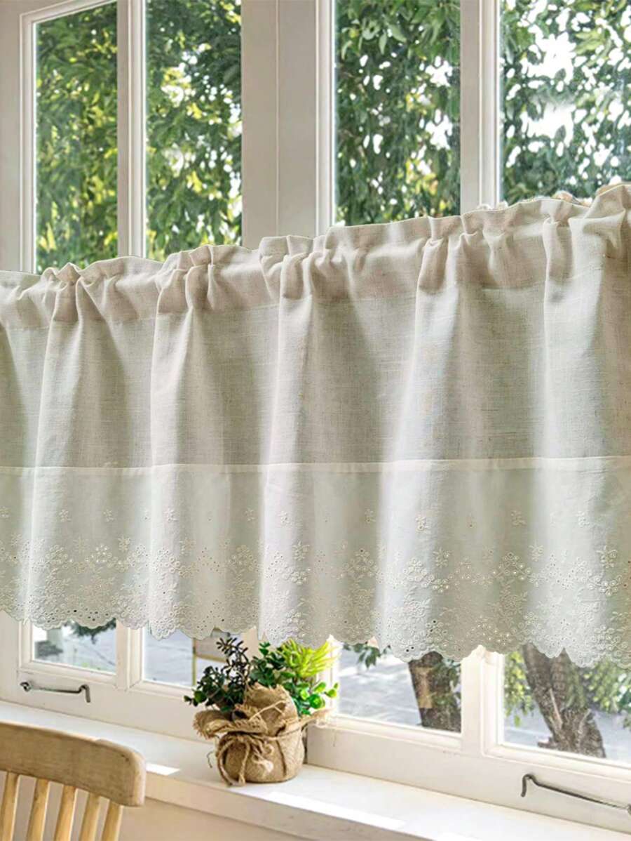 1pc Boho Style Linen Short Curtain Chic Embroidery Lace Semi Shading Cafe Curtain Valance For Kitchen Bathroom Window Rod Pocket Top - Beige - View 1