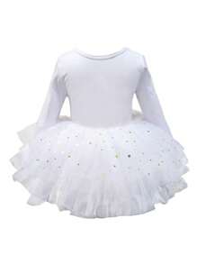 女童白色亮片长袖薄纱裙芭蕾舞裙，纯色舞蹈紧身衣