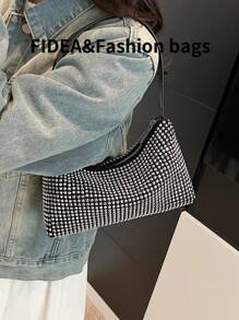 Y2K Fashion Sparkling Rhinestone Glossy Shoulder Handbag, Luxury High-End Elegant Suitable For Work, Shopping, Date, Wedding, Versatile Clutch - Black - View 11