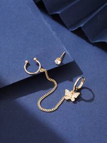 Nooxian 2pcs/Set Multi-Layer Cartilage Piercing Earring Set, Fashionable Butterfly Element C-Shaped Copper Ear Clip Linked Ear Cuff, Niche Cubic Zirconia Stud Earrings Set (No Gift Box) - Yellow Gold - View 3