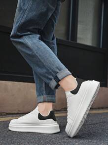 （尺码偏小）男士高帮缓震低帮运动鞋，黑白拼色简约风格拼接，舒适轻便休闲日常、户外、通勤、情侣休闲运动鞋