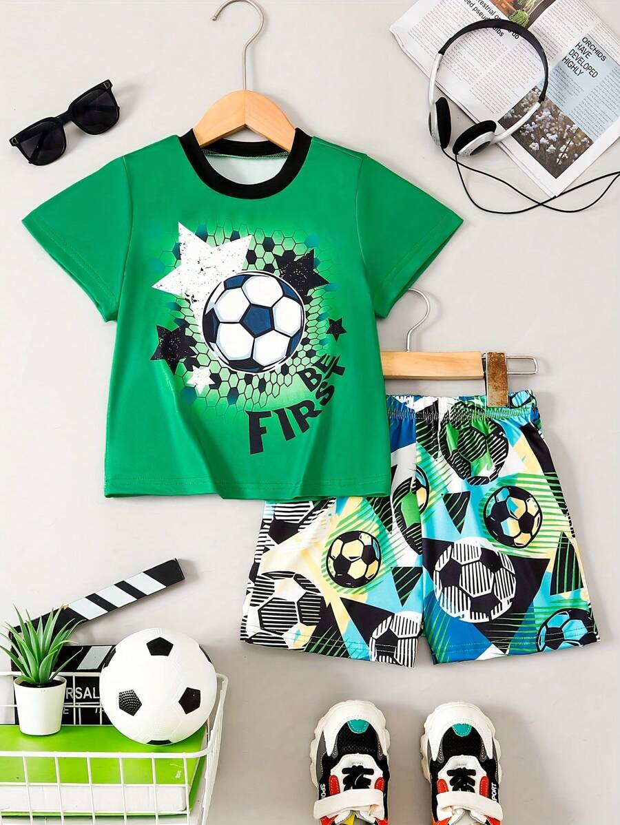 Boys' Football Pattern Green Short Sleeve T-Shirt And Shorts Set
