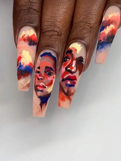 Upgrade Your Nail Styling, 24pcs Ballet-Shaped Fake Nails, French Art Style, Portrait Painted, Suitable For All Ladies & Girls. The Box Includes Nail File & Gel Glue, Easy To Apply & Wear Press On Nails