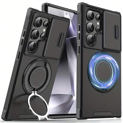 Compatible With Samsung Galaxy S25, S24, S23, S22, S21, S20 Ultra/Plus A06, A13, A14, A15, A16, A26, A35, A36, A54, A55, A56, Note 20 Ultra Phone Case, With Sliding Camera Cover And [Full Camera Protection], 360° Rotating Invisible Ring Stand/Car Magnetic Stand/Matte Texture Heavy-Duty Shockproof Phone Protective Cover