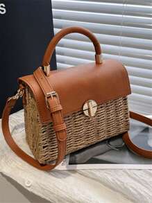 1pc New Straw Woven Shoulder Bag For Women, Bohemia Style, Vacation Travel Beach Tote Handbag With Flap And Lock, Versatile For Daily Use And Holiday - Khaki - View 2
