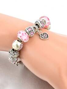 1 件粉色心形吊坠手链复古波西米亚风格女士手链，锌合金串珠饰物，带粉色心形吊坠，可调节蛇链，适合日常佩戴和送礼 - 手鍊 - 查看 2